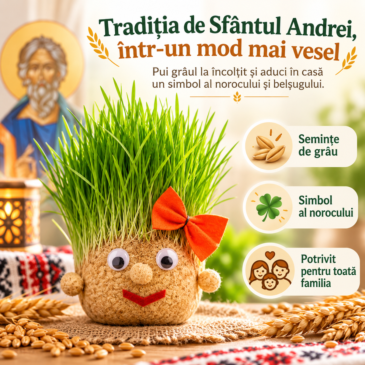 🌾 Cap cu Semințe de Grâu – Plantează Norocul de Sfântul Andrei (1+1 GRATIS)