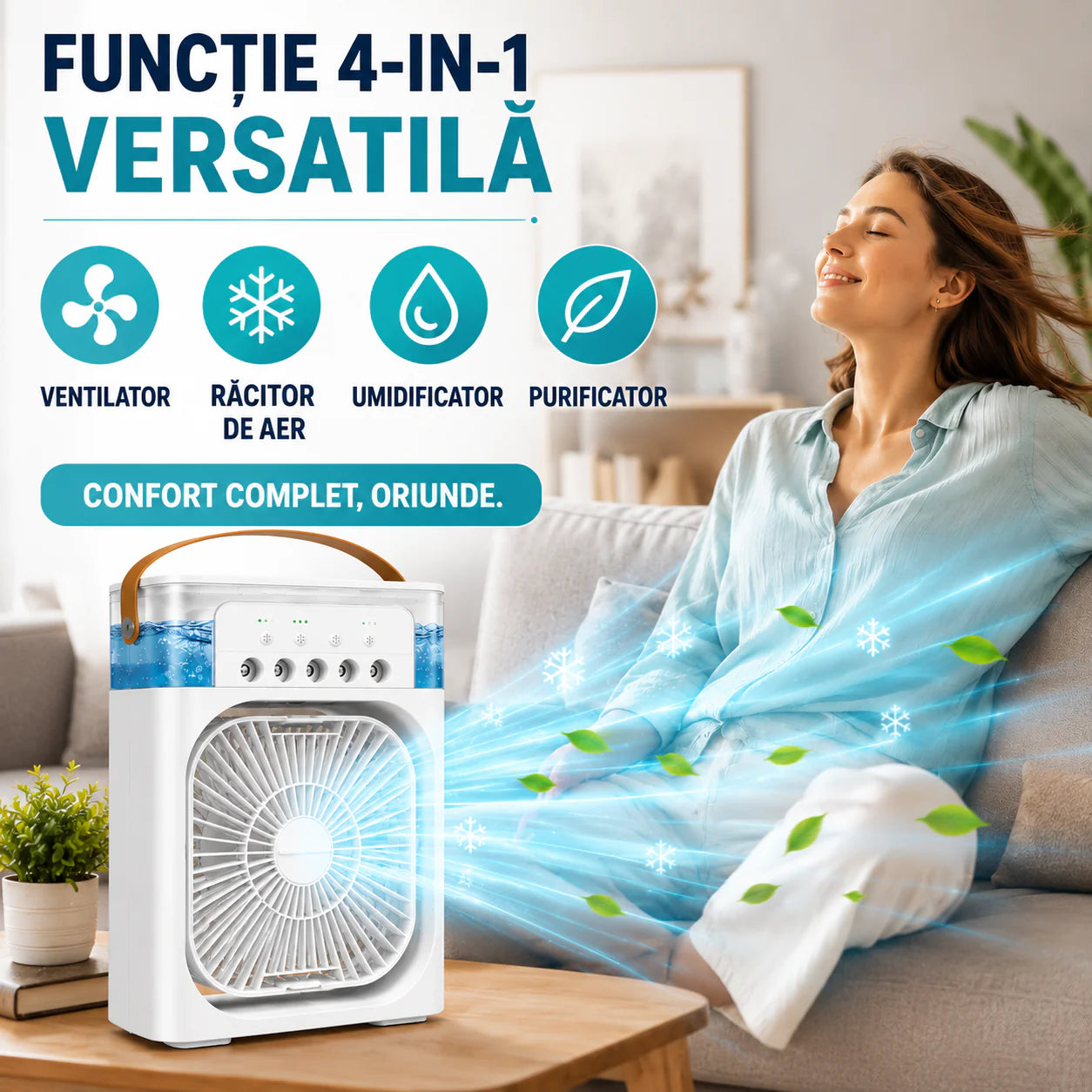 Ventilator Portabil 4 în 1 – Răcitor de Aer, Umidificator și Purificator