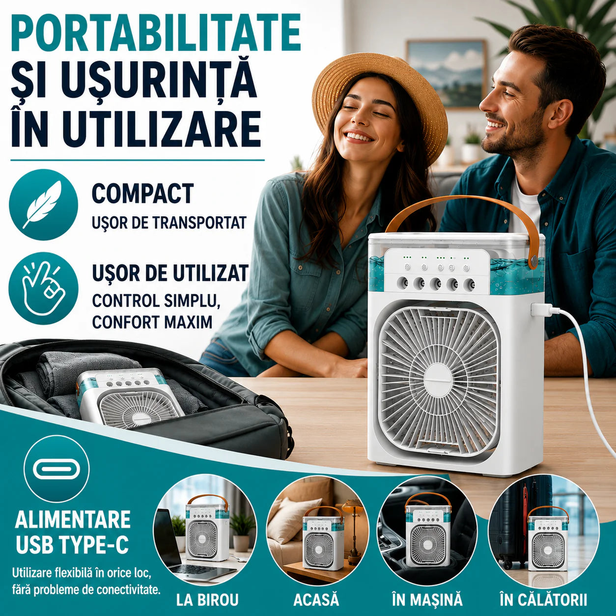Ventilator Portabil 4 în 1 – Răcitor de Aer, Umidificator și Purificator