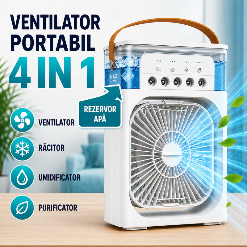 Ventilator Portabil 4 în 1 – Răcitor de Aer, Umidificator și Purificator