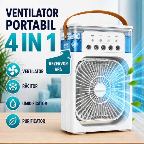Ventilator Portabil 4 în 1 – Răcitor de Aer, Umidificator și Purificator